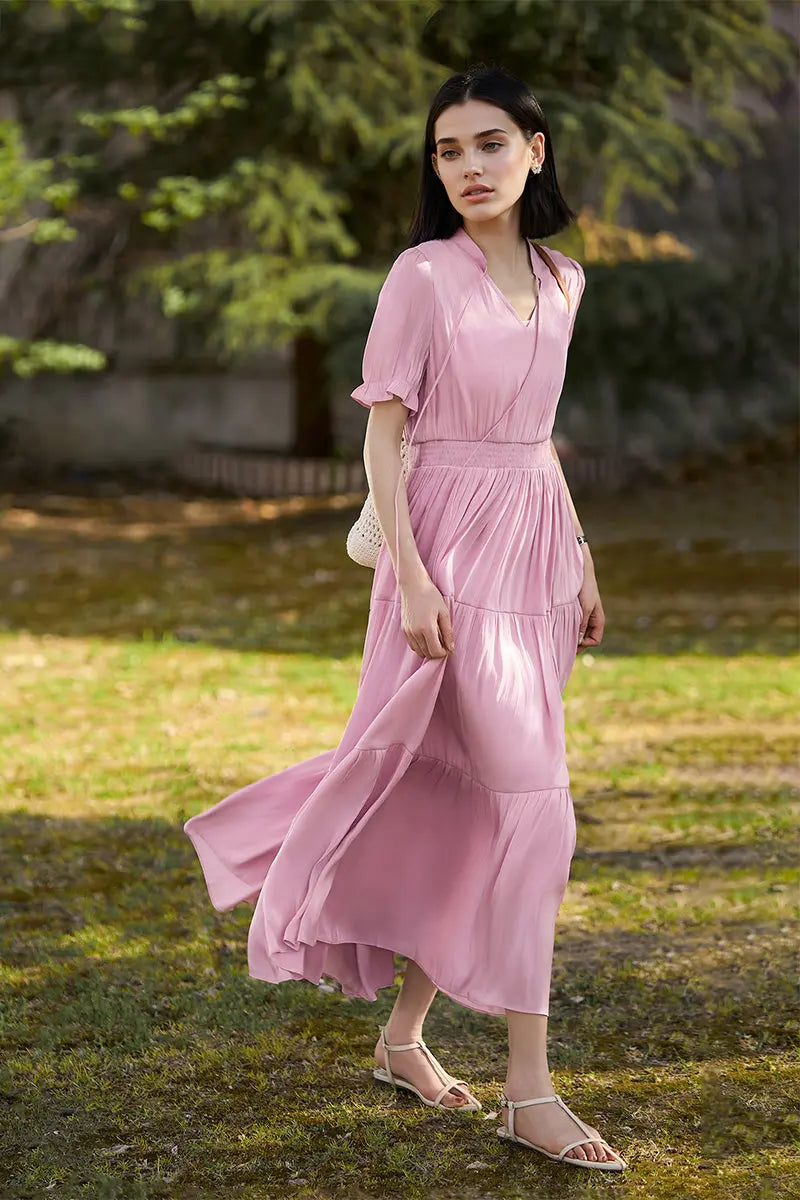 Pink Silky Tiered Puff-Sleeve Maxi Dress