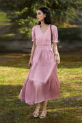 Pink Silky Tiered Puff-Sleeve Maxi Dress