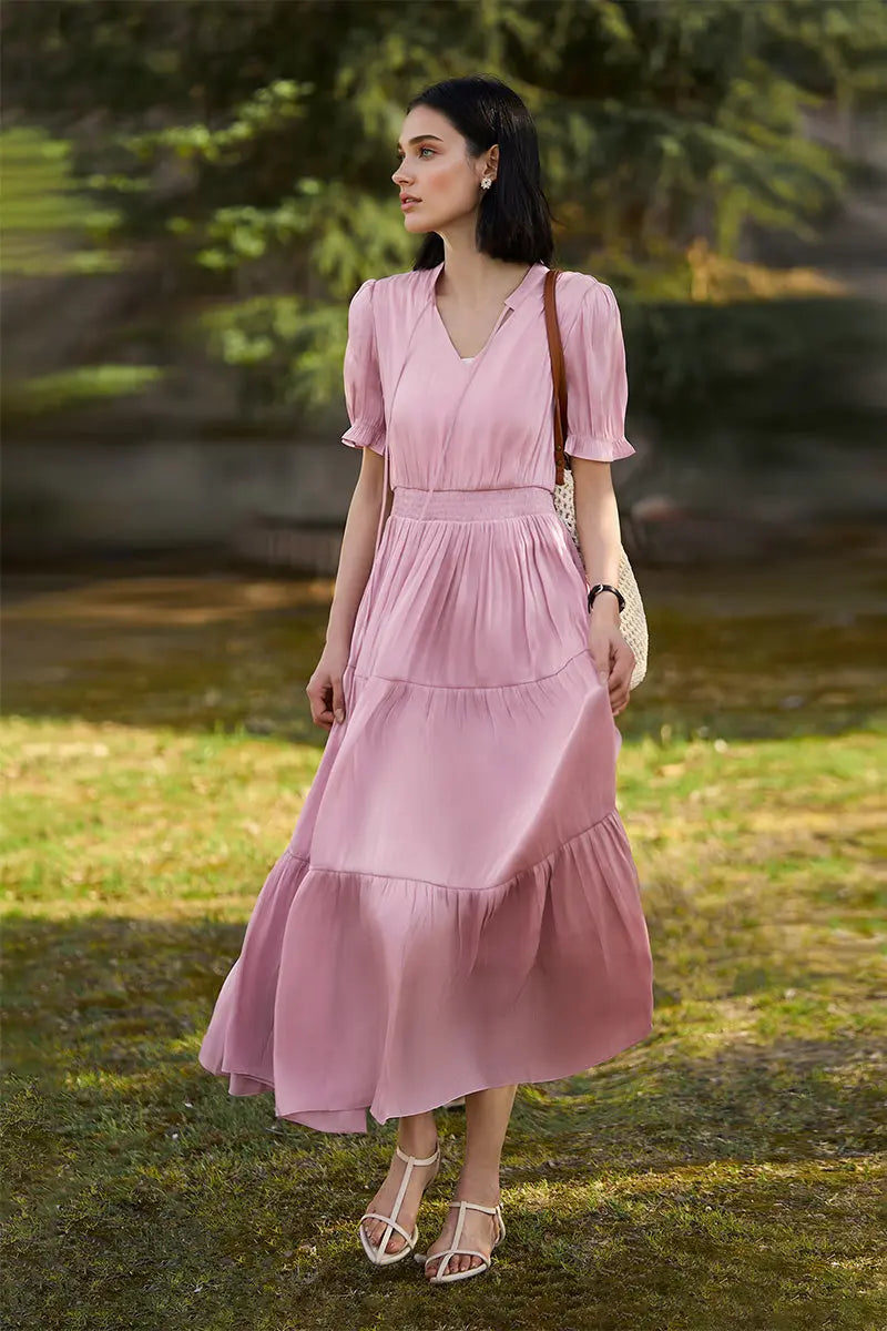 Pink Silky Tiered Puff-Sleeve Maxi Dress