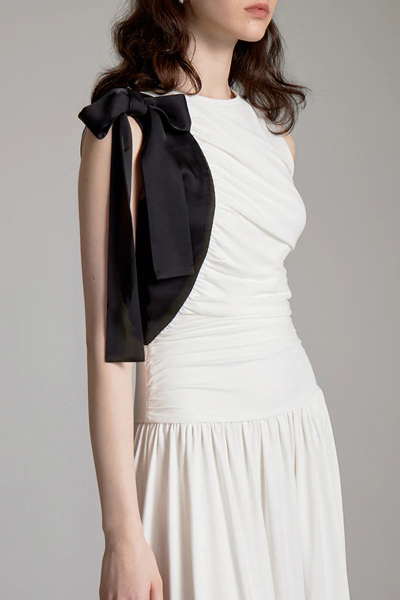 Sleeveless One-Shoulder-Tie Ruched Maxi Dress