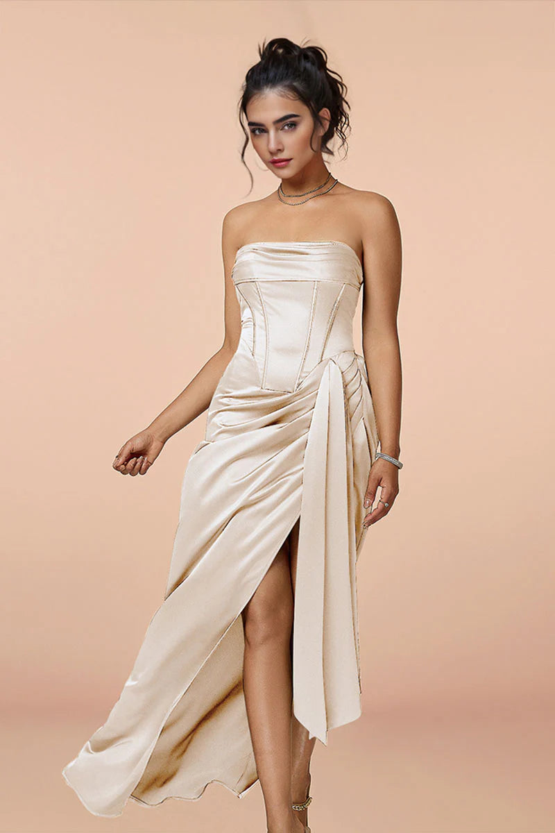 Satin Strapless Corset Bodycon Maxi Dress with High Slit