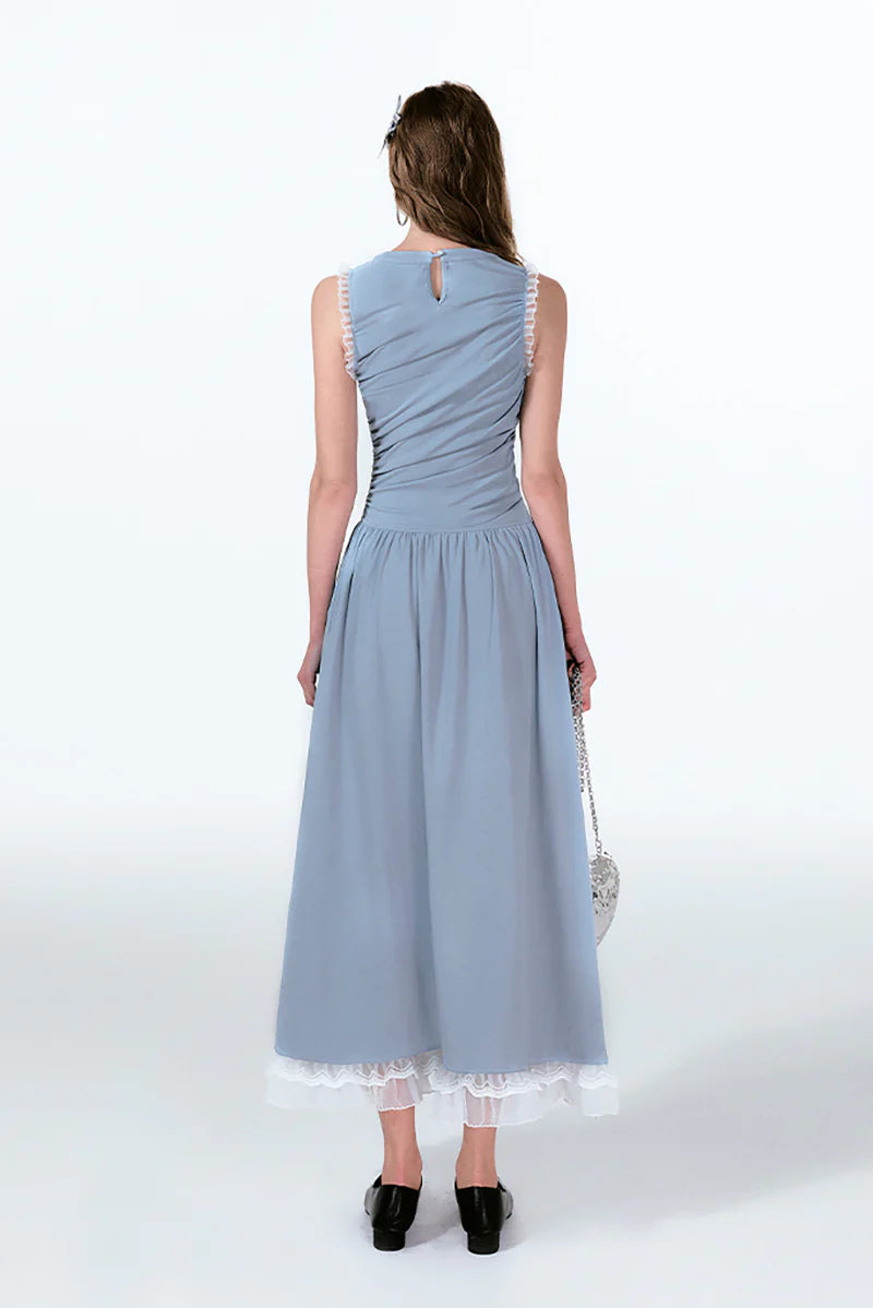Blue Sleevelss Ruched Fit & Flare Maxi Dress with Bow & Lace