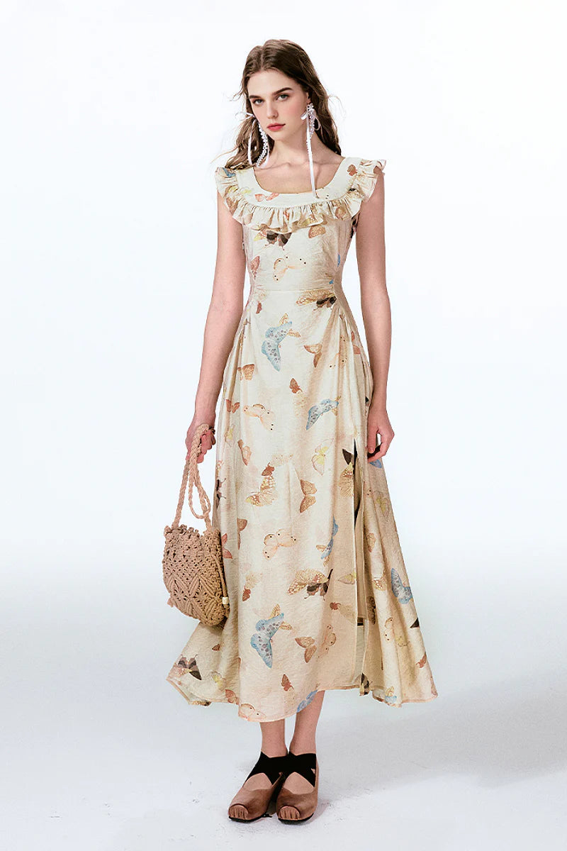 Vintage Butterfly Fit & Flare Ruffle Maxi Dress