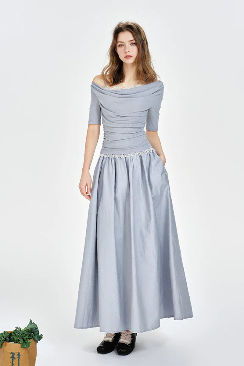 Blue Off-the-Shoulder Ruched Fit & Flare Maxi Dress