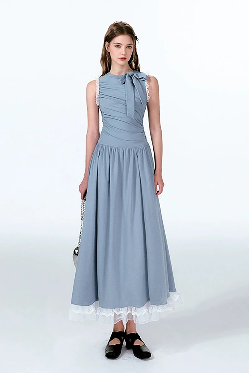 Blue Sleevelss Ruched Fit & Flare Maxi Dress with Bow & Lace