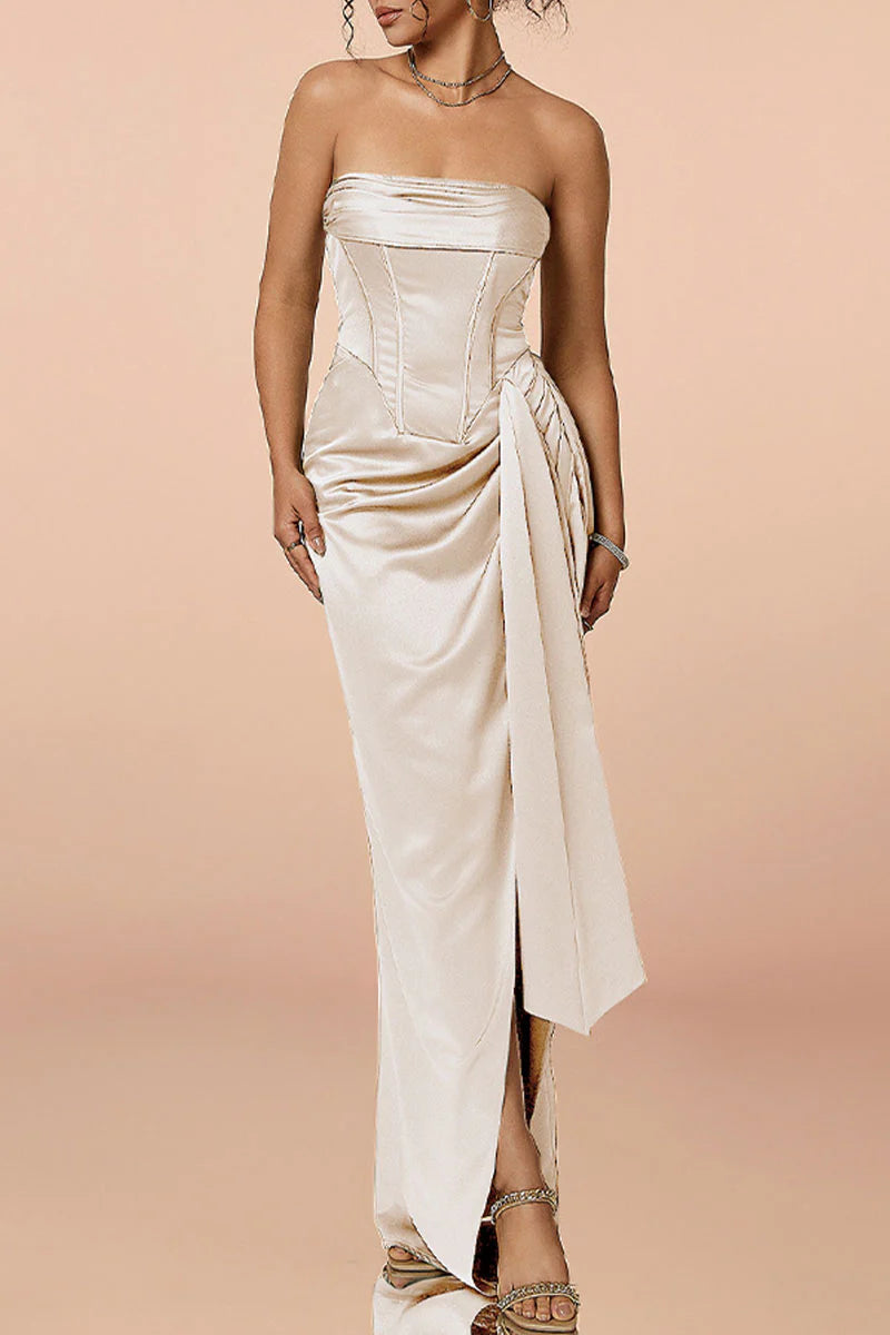 Satin Strapless Corset Bodycon Maxi Dress with High Slit