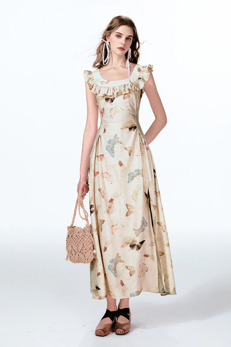 Vintage Butterfly Fit & Flare Ruffle Maxi Dress