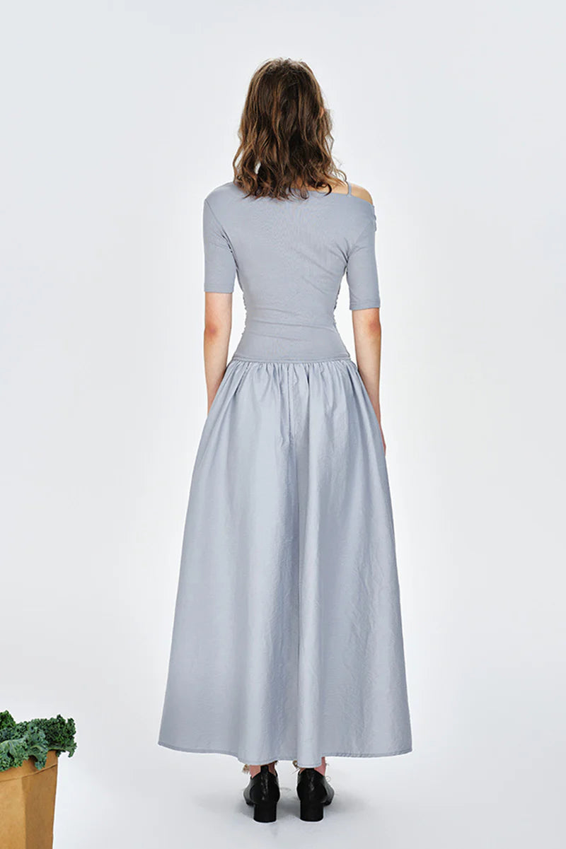 Blue Off-the-Shoulder Ruched Fit & Flare Maxi Dress