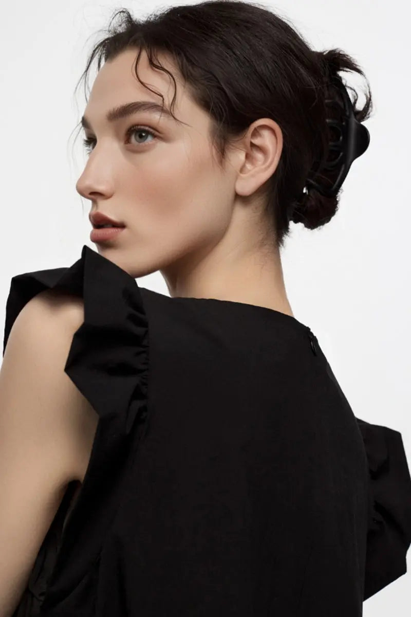 Black Ruffle Cap-Sleeve Trapeze Maxi Dress