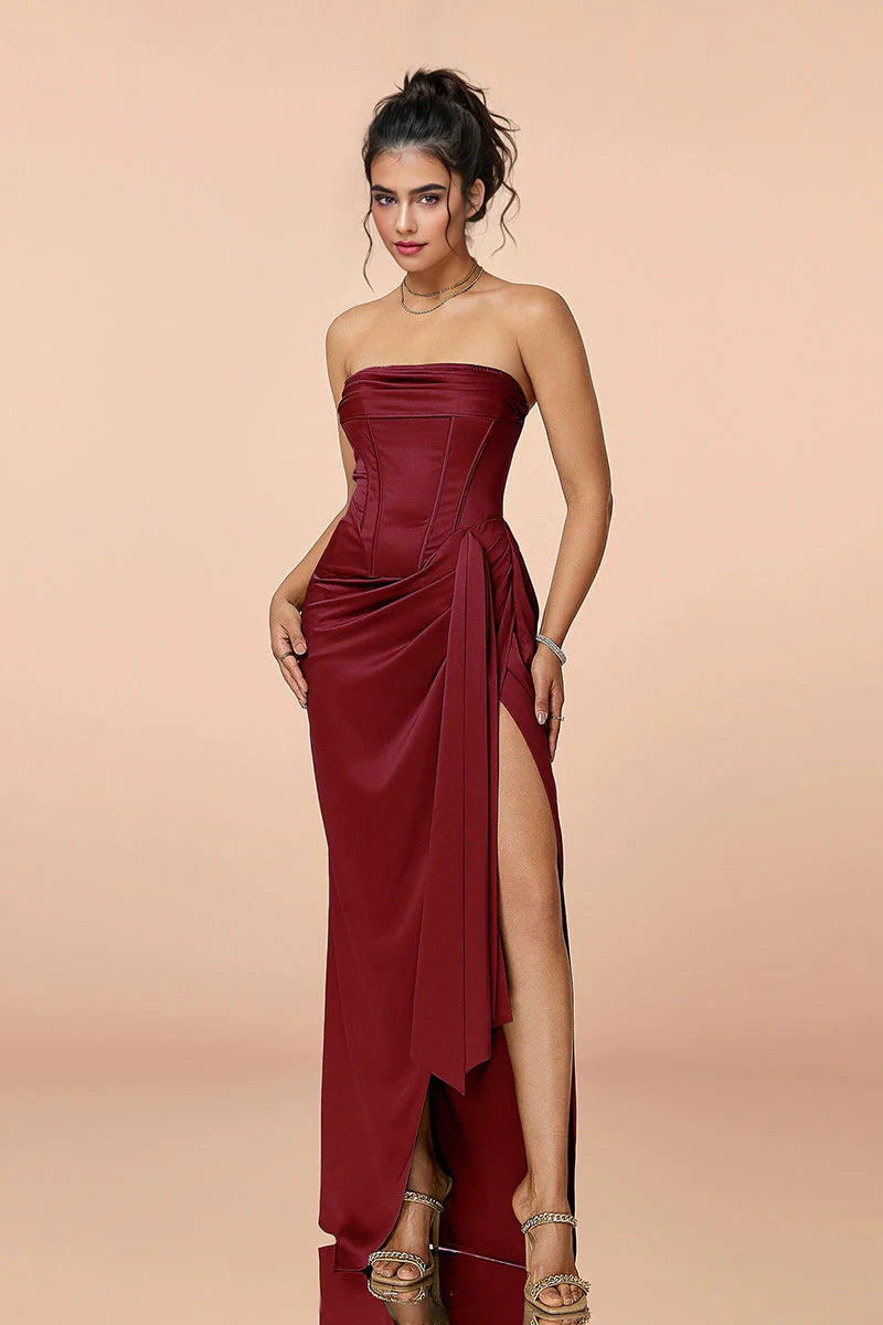 Satin Strapless Corset Bodycon Maxi Dress with High Slit