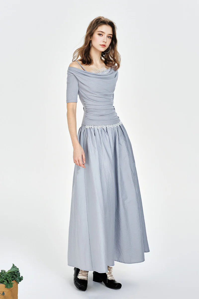Blue Off-the-Shoulder Ruched Fit & Flare Maxi Dress