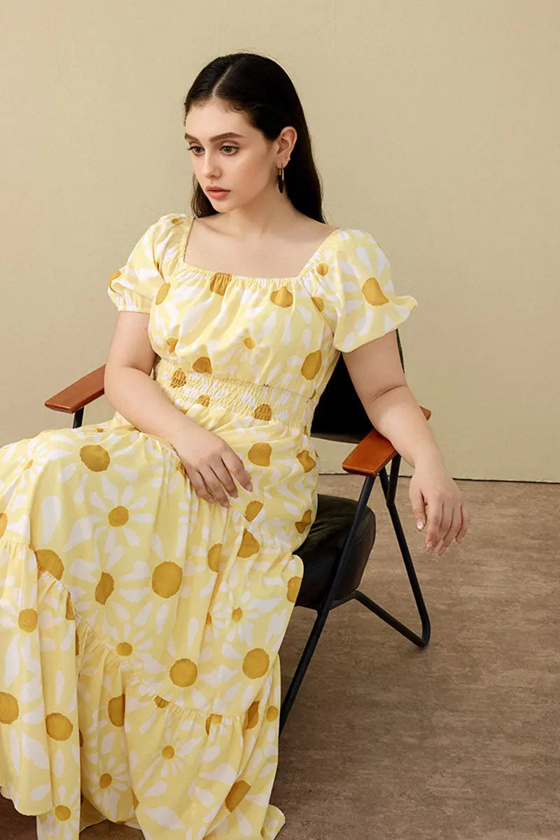 Yellow Floral Tiered Smocked Maxi Dress