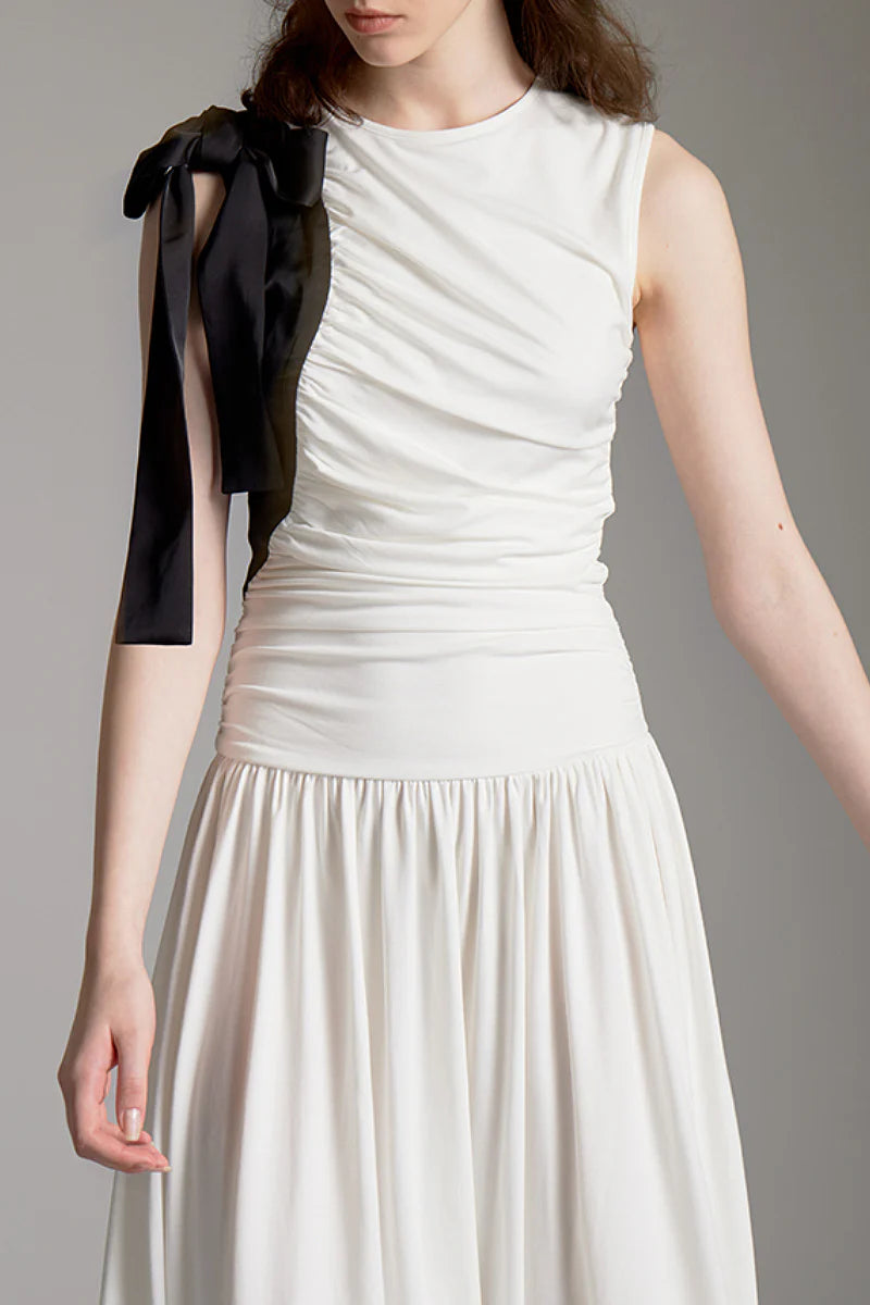 Sleeveless One-Shoulder-Tie Ruched Maxi Dress