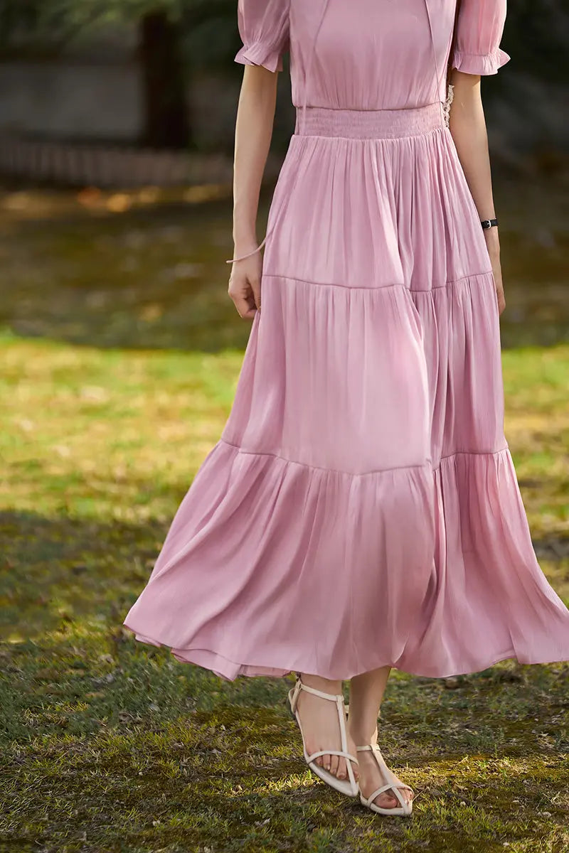 Pink Silky Tiered Puff-Sleeve Maxi Dress