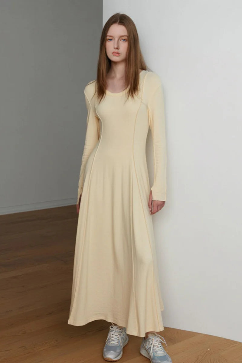 Yellow Stretch Long-Sleeve Scoop-Neck A-Line Maxi Dress