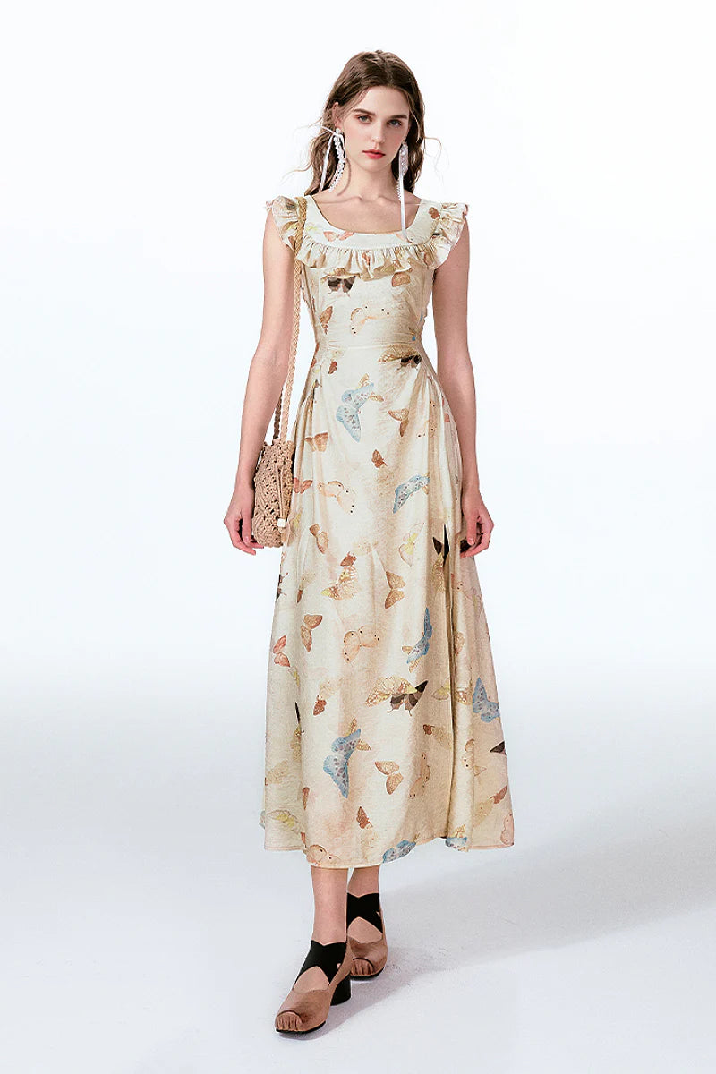 Vintage Butterfly Fit & Flare Ruffle Maxi Dress