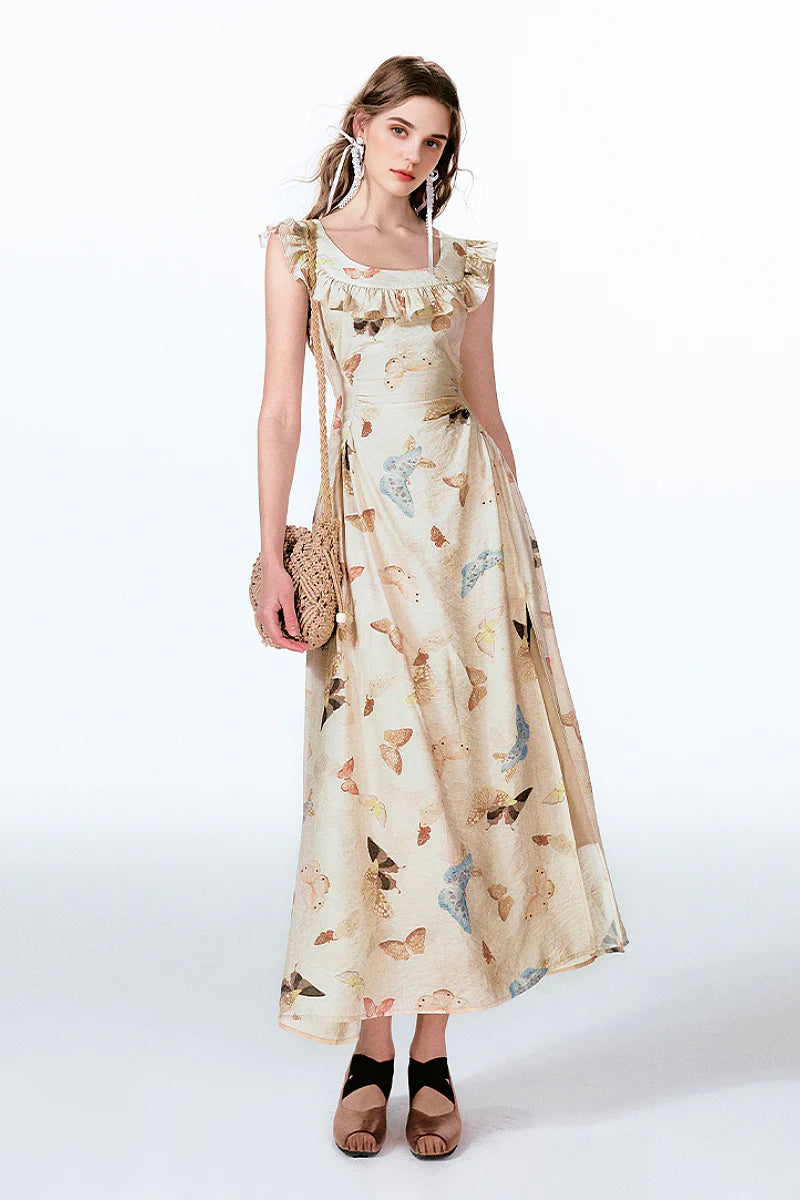 Vintage Butterfly Fit & Flare Ruffle Maxi Dress