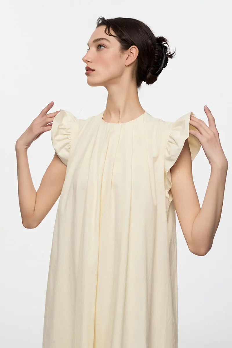 White Ruffle Cap-Sleeve Trapeze Maxi Dress