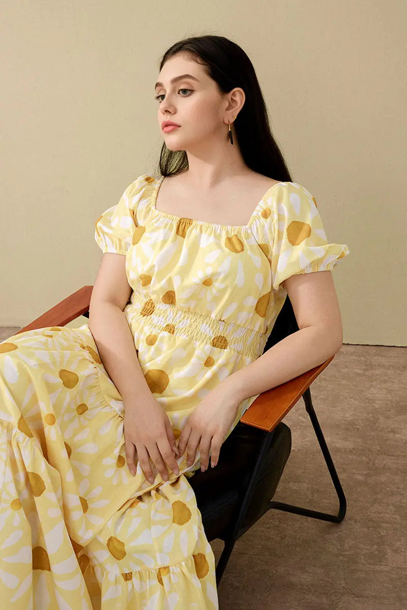 Yellow Floral Tiered Smocked Maxi Dress