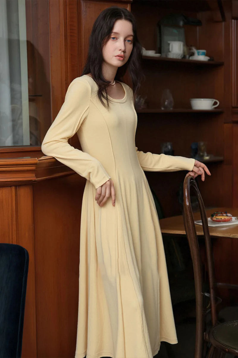 Yellow Stretch Long-Sleeve Scoop-Neck A-Line Maxi Dress