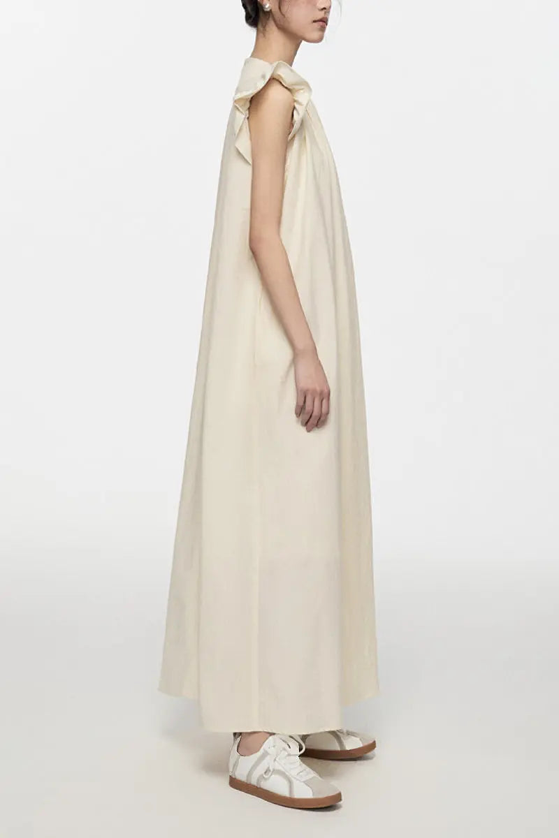 White Ruffle Cap-Sleeve Trapeze Maxi Dress