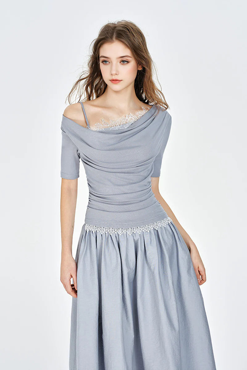 Blue Off-the-Shoulder Ruched Fit & Flare Maxi Dress