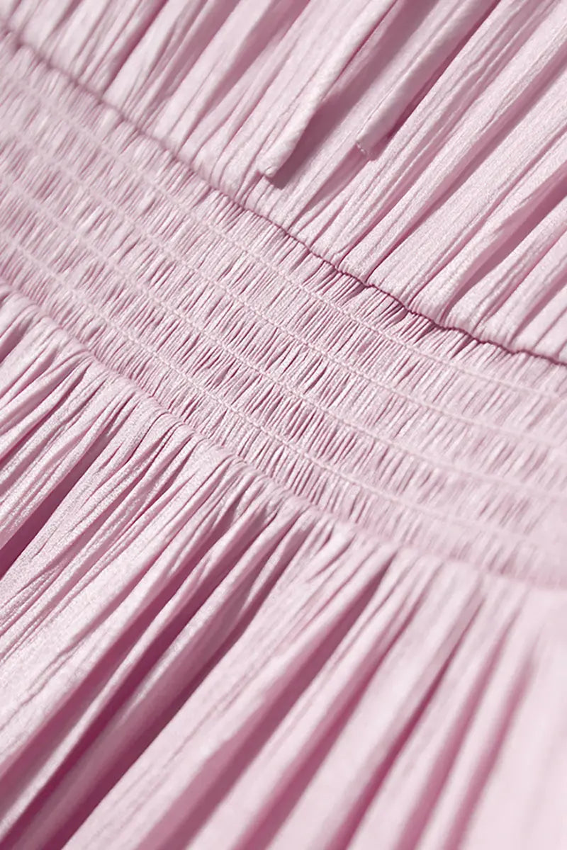 Pink Silky Tiered Puff-Sleeve Maxi Dress