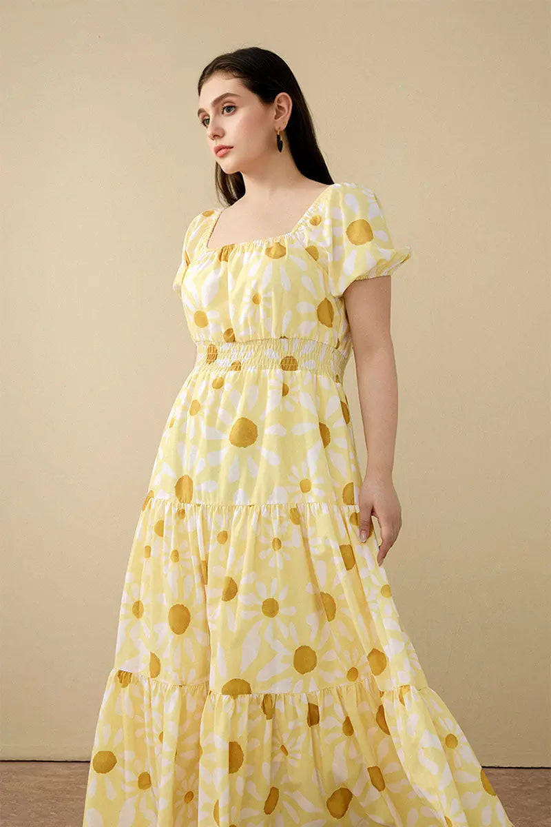 Yellow Floral Tiered Smocked Maxi Dress