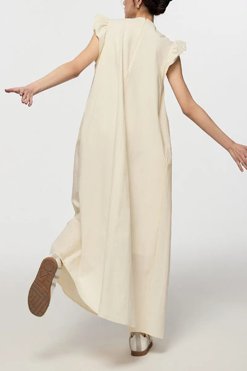 White Ruffle Cap-Sleeve Trapeze Maxi Dress