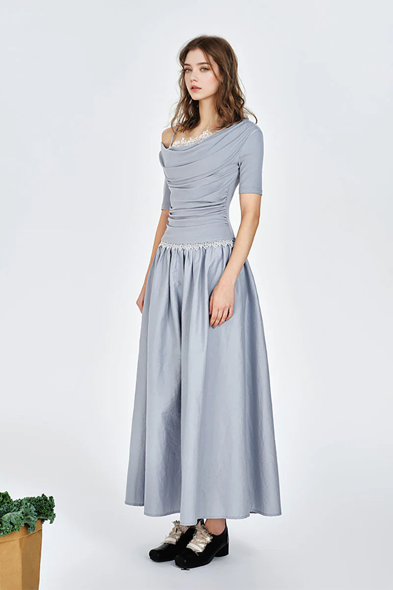 Blue Off-the-Shoulder Ruched Fit & Flare Maxi Dress