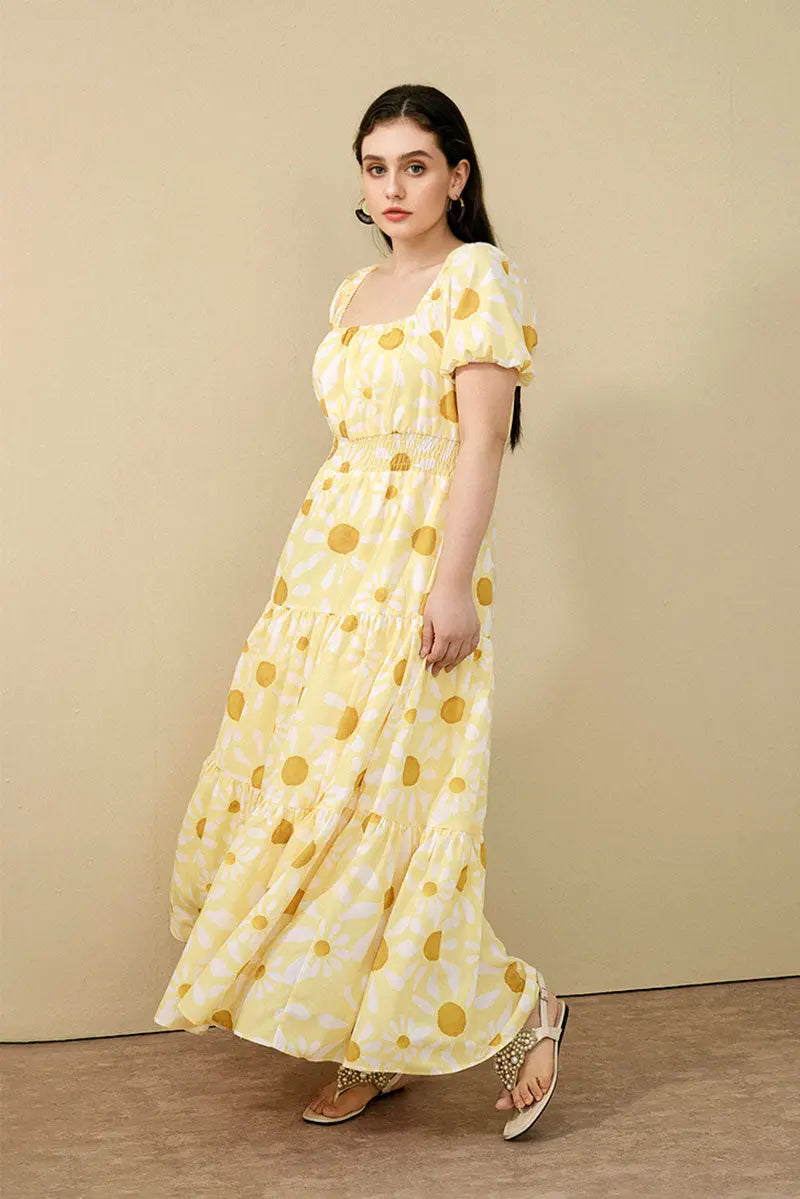 Yellow Floral Tiered Smocked Maxi Dress