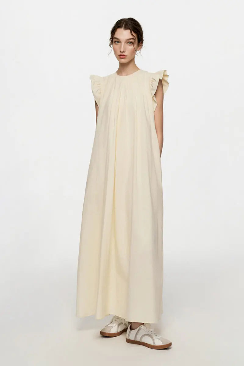White Ruffle Cap-Sleeve Trapeze Maxi Dress