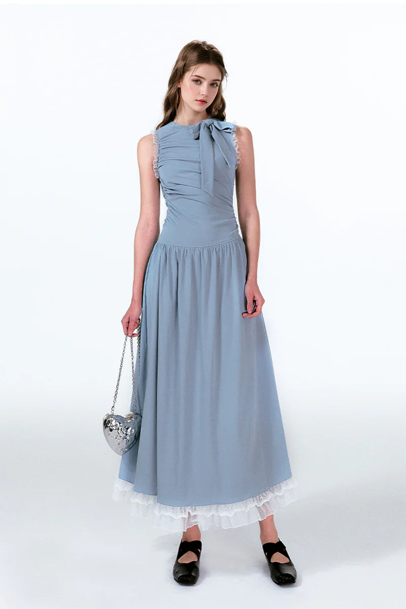 Blue Sleevelss Ruched Fit & Flare Maxi Dress with Bow & Lace