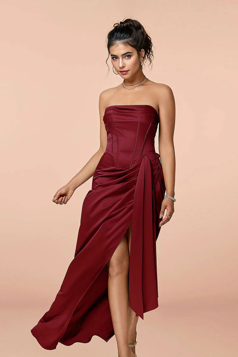 Satin Strapless Corset Bodycon Maxi Dress with High Slit
