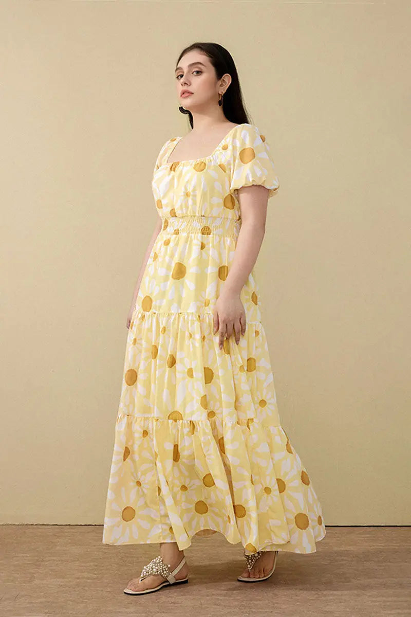 Yellow Floral Tiered Smocked Maxi Dress